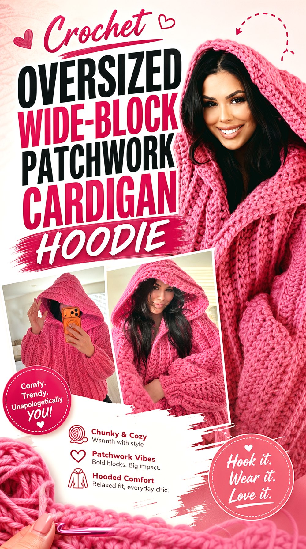 Crochet Oversized Wide Block Patchwork Cardigan Hoodie