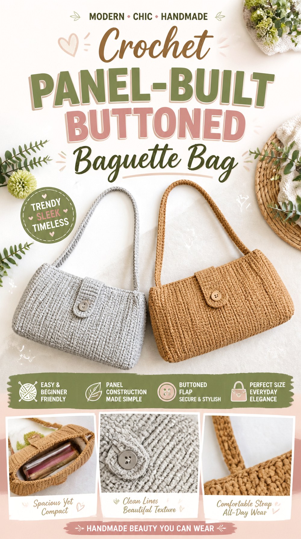 Crochet Panel Built Buttoned Baguette Bag