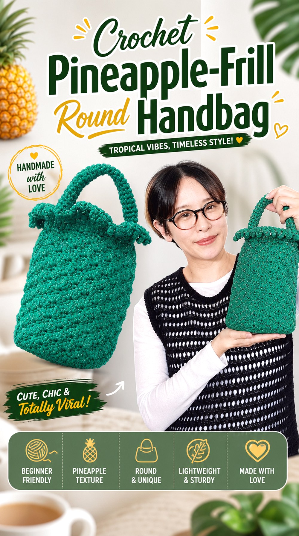 Crochet Pineapple Frill Round Handbag