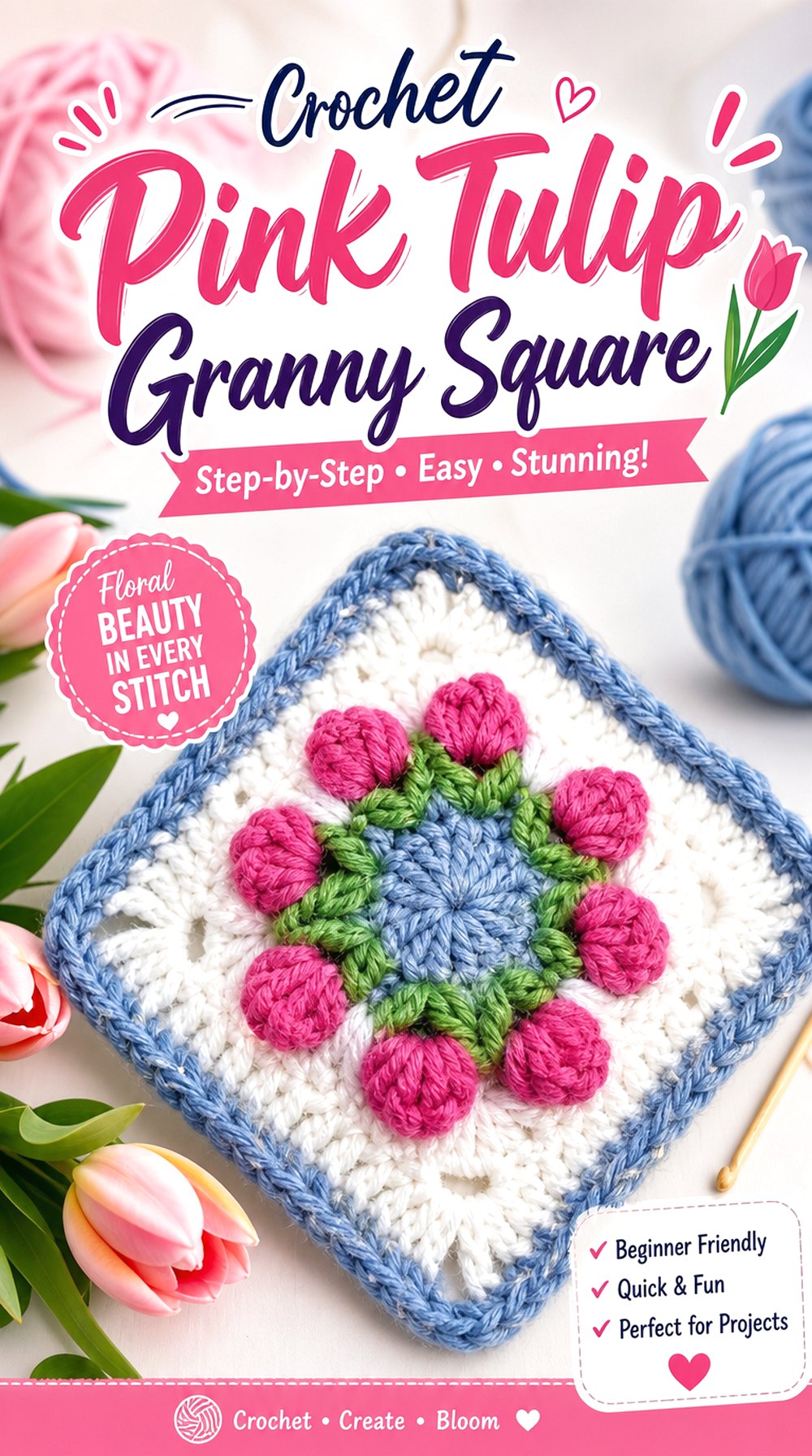 Crochet Pink Tulip Granny Square
