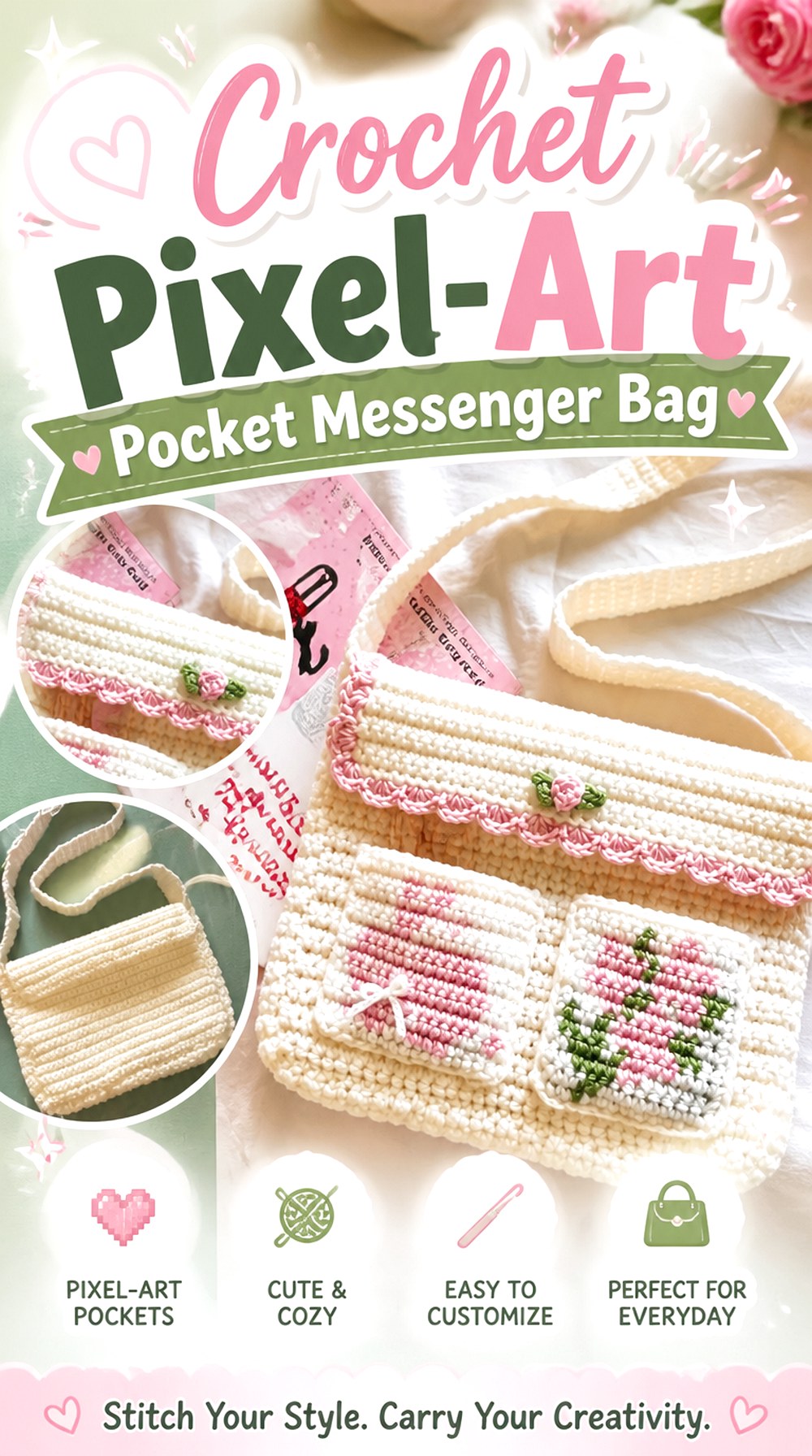 Crochet Pixel Art Pocket Messenger Bag
