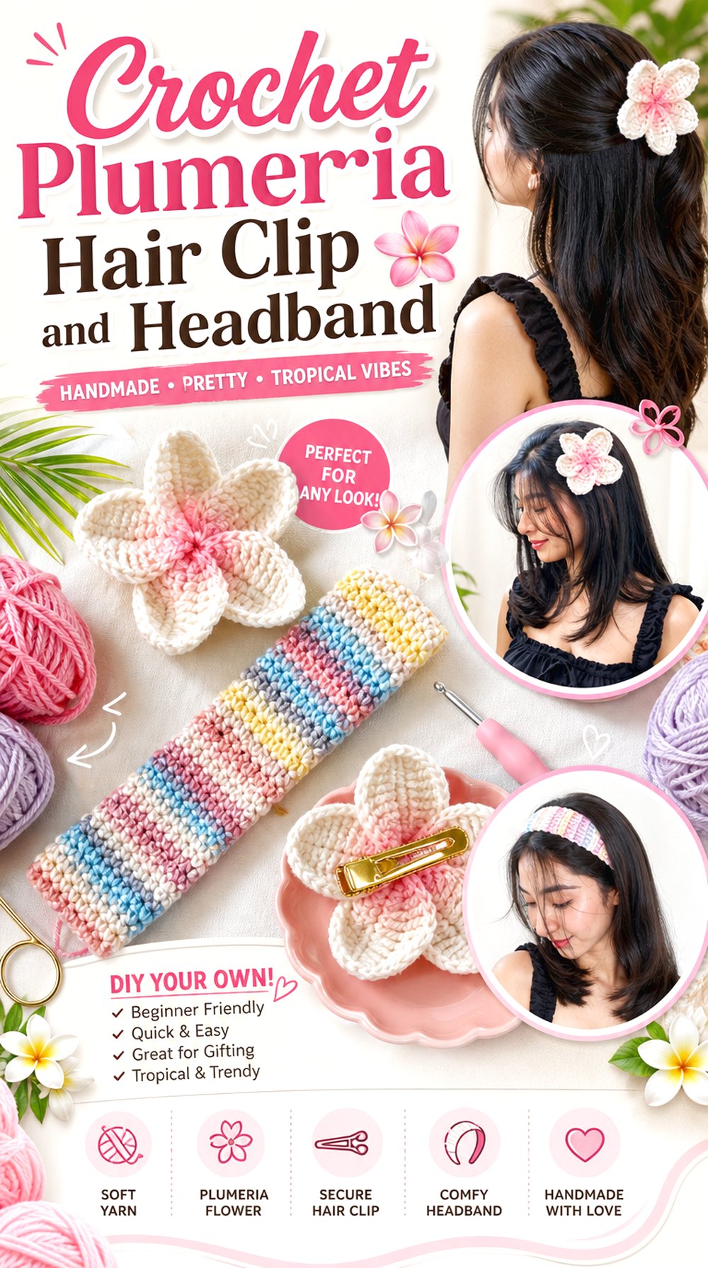 Crochet Plumeria Hair Clip and Headband