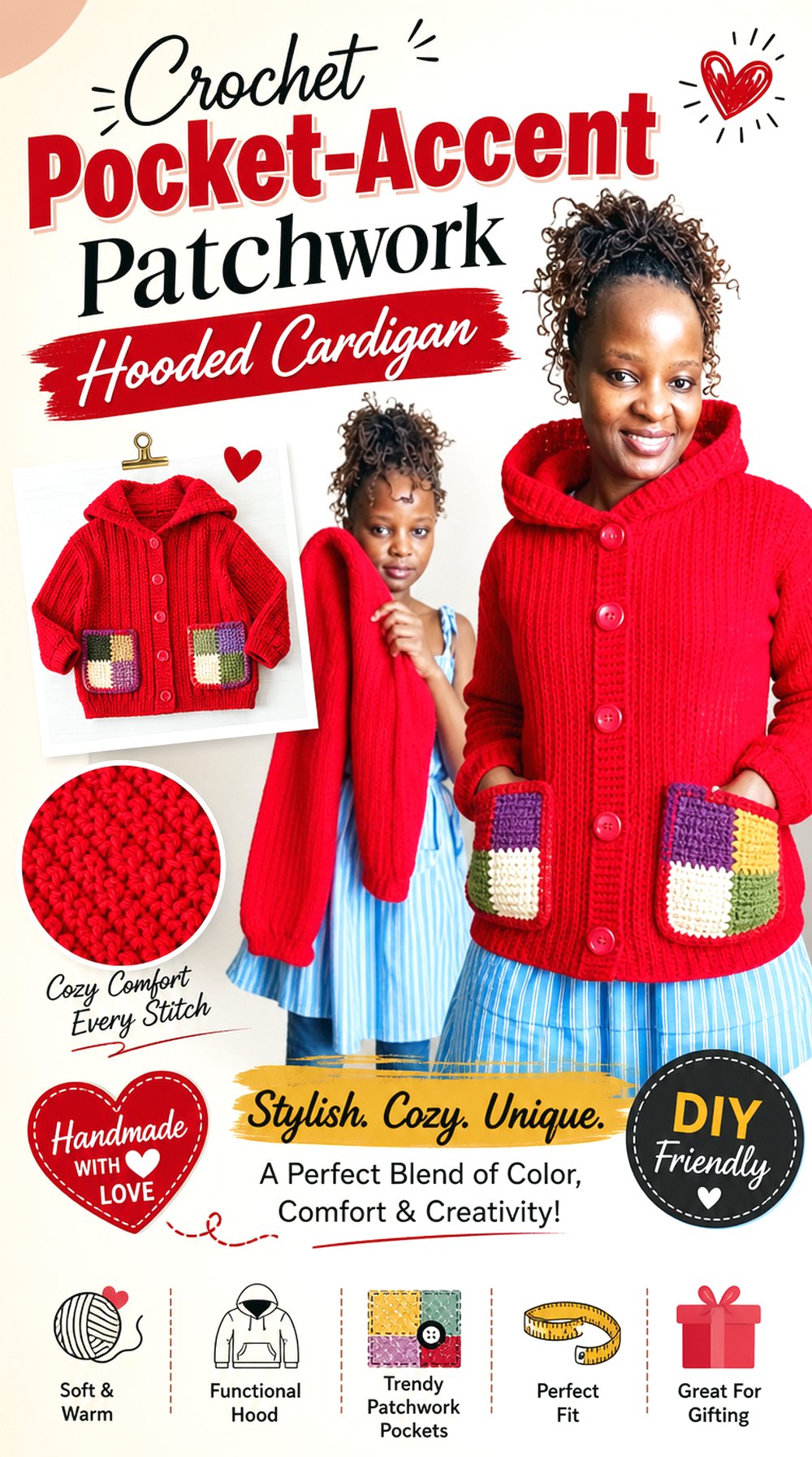Crochet Pocket Accent Patchwork Hooded Cardigan