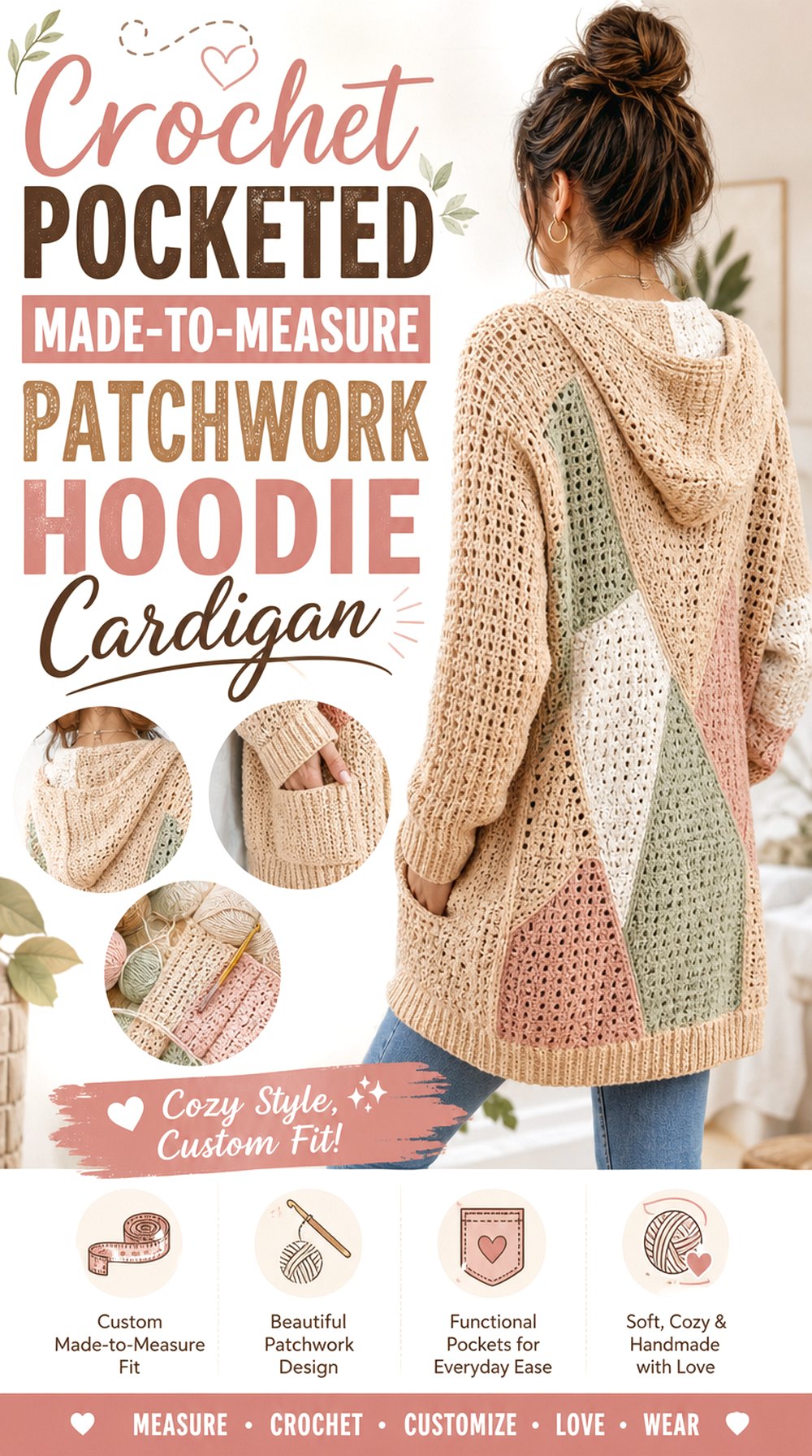 Crochet Pocketed Made to Measure Patchwork Hoodie Cardigan