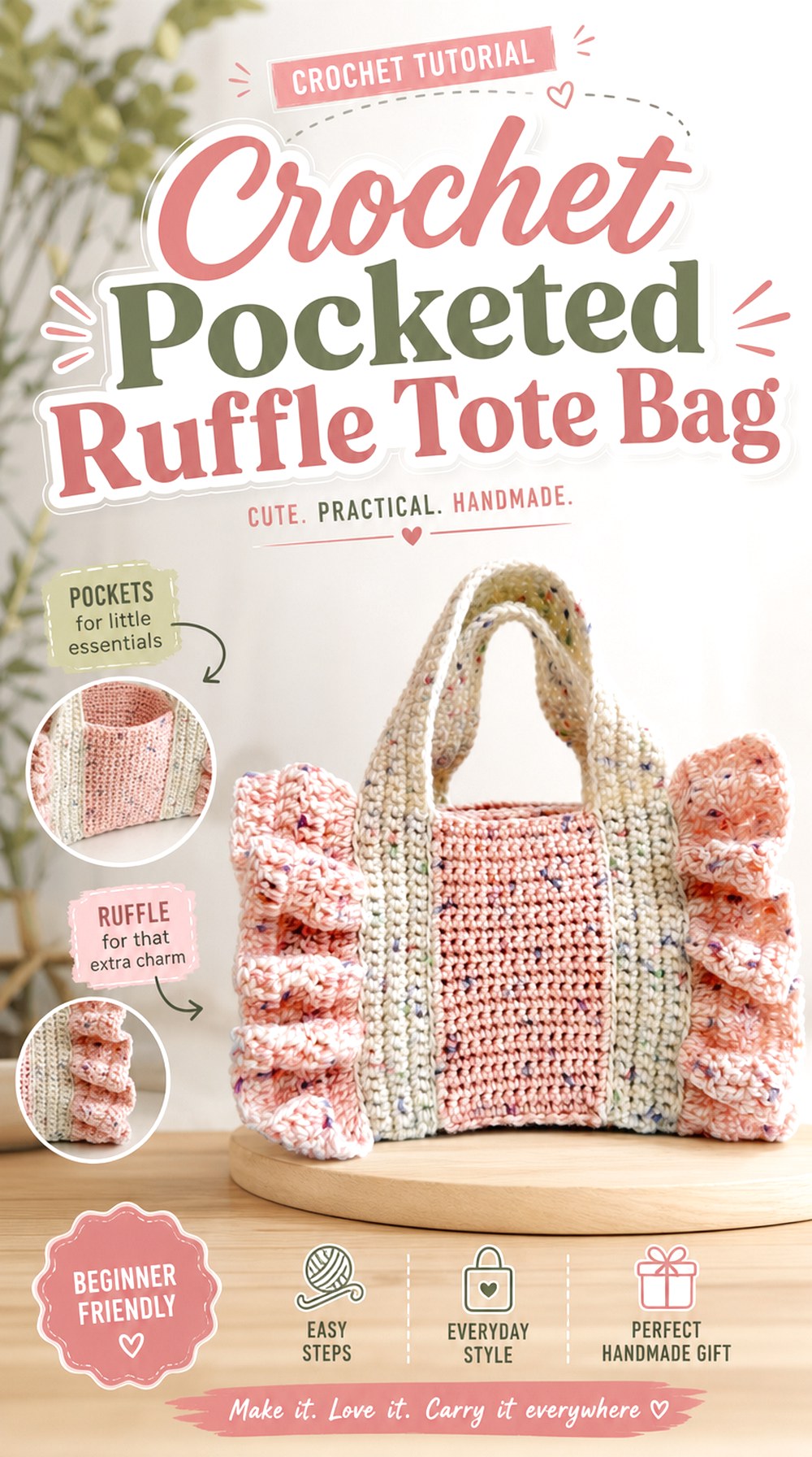 Crochet Pocketed Ruffle Tote Bag