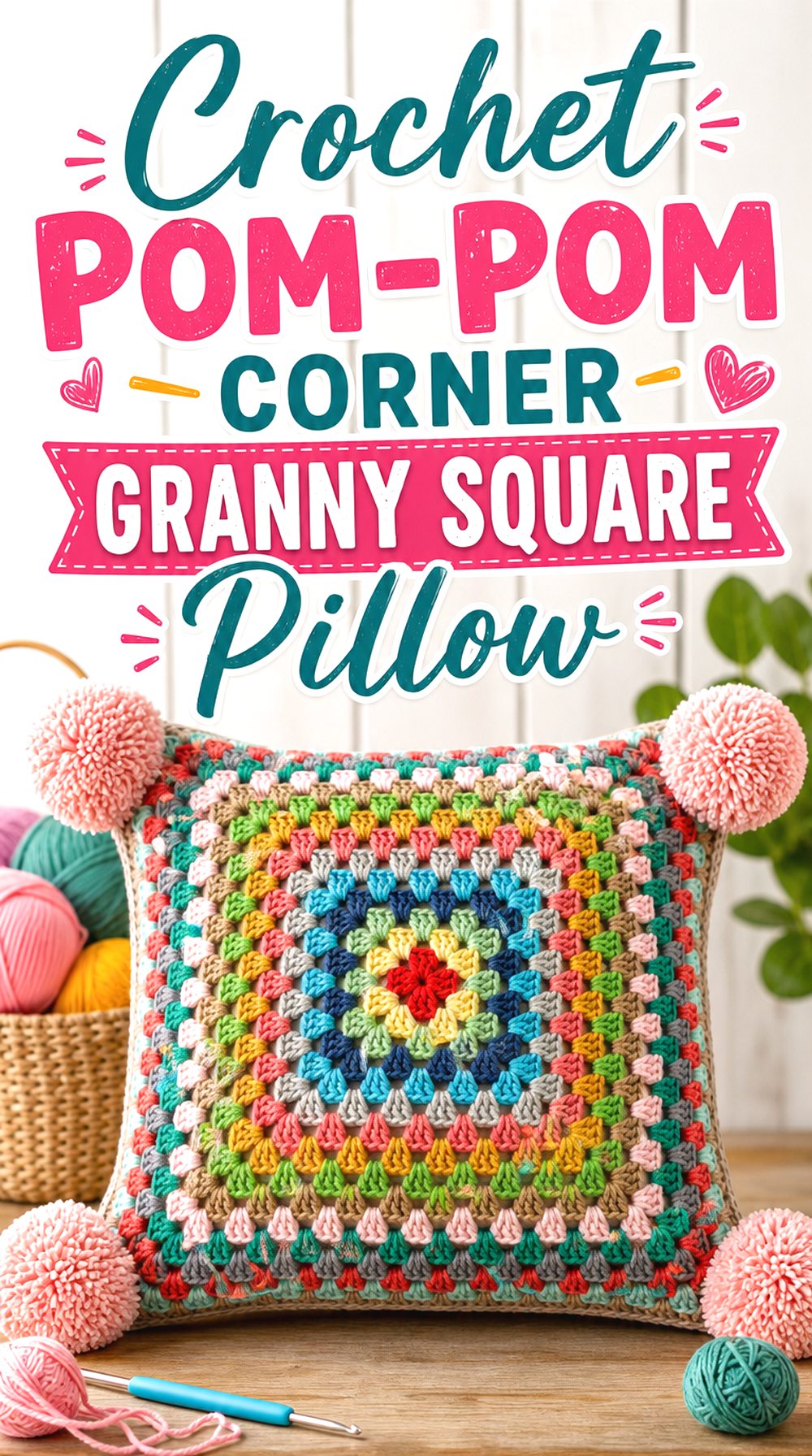 Crochet Pom Pom Corner Granny Square Pillow