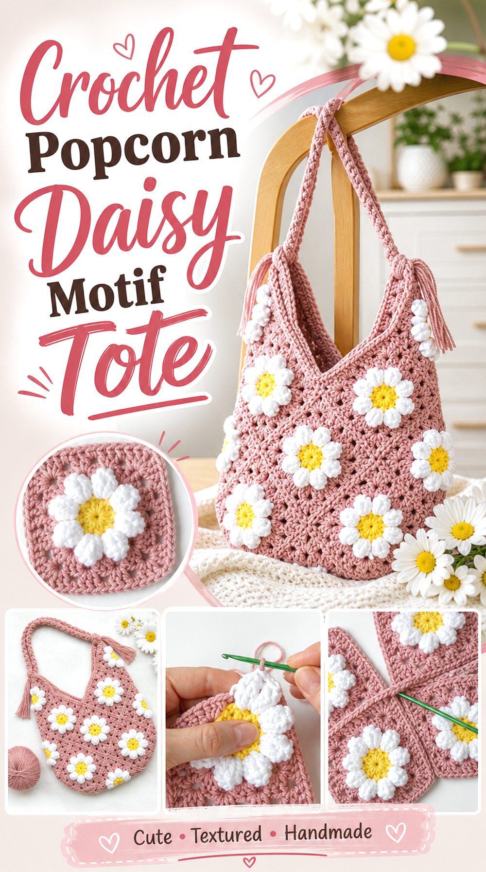 Crochet Popcorn Daisy Motif Tote