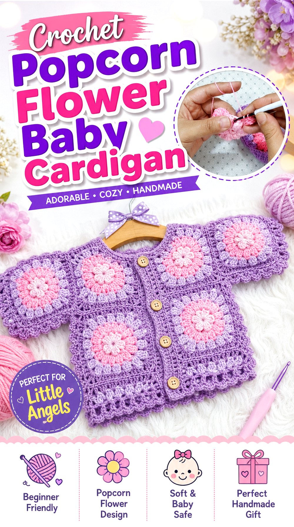 Crochet Popcorn Flower Baby Cardigan