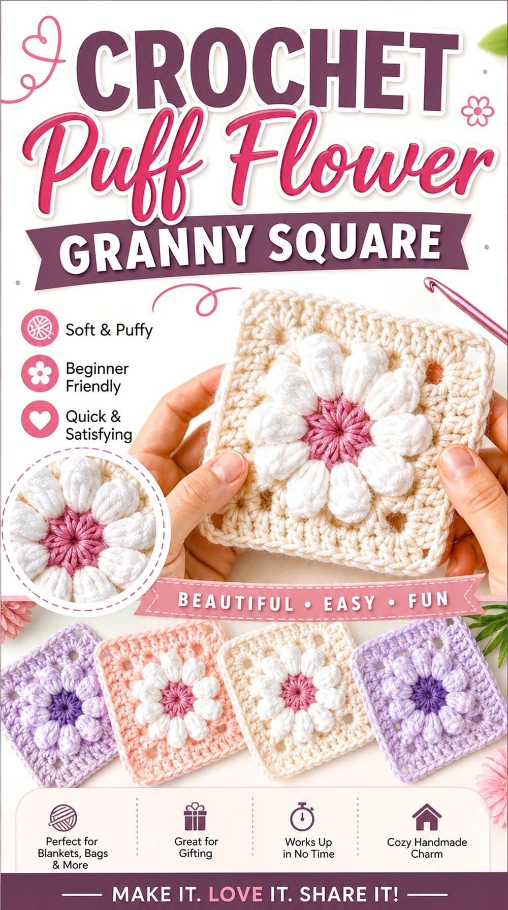 Crochet Puff Flower Granny Square