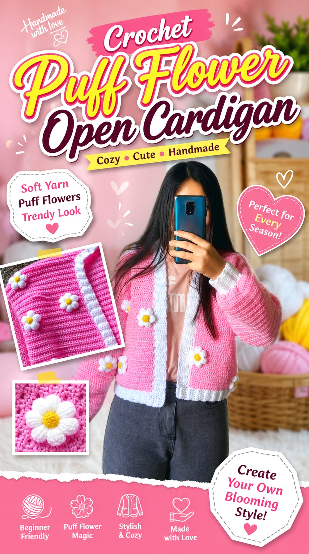 Crochet Puff Flower Open Cardigan