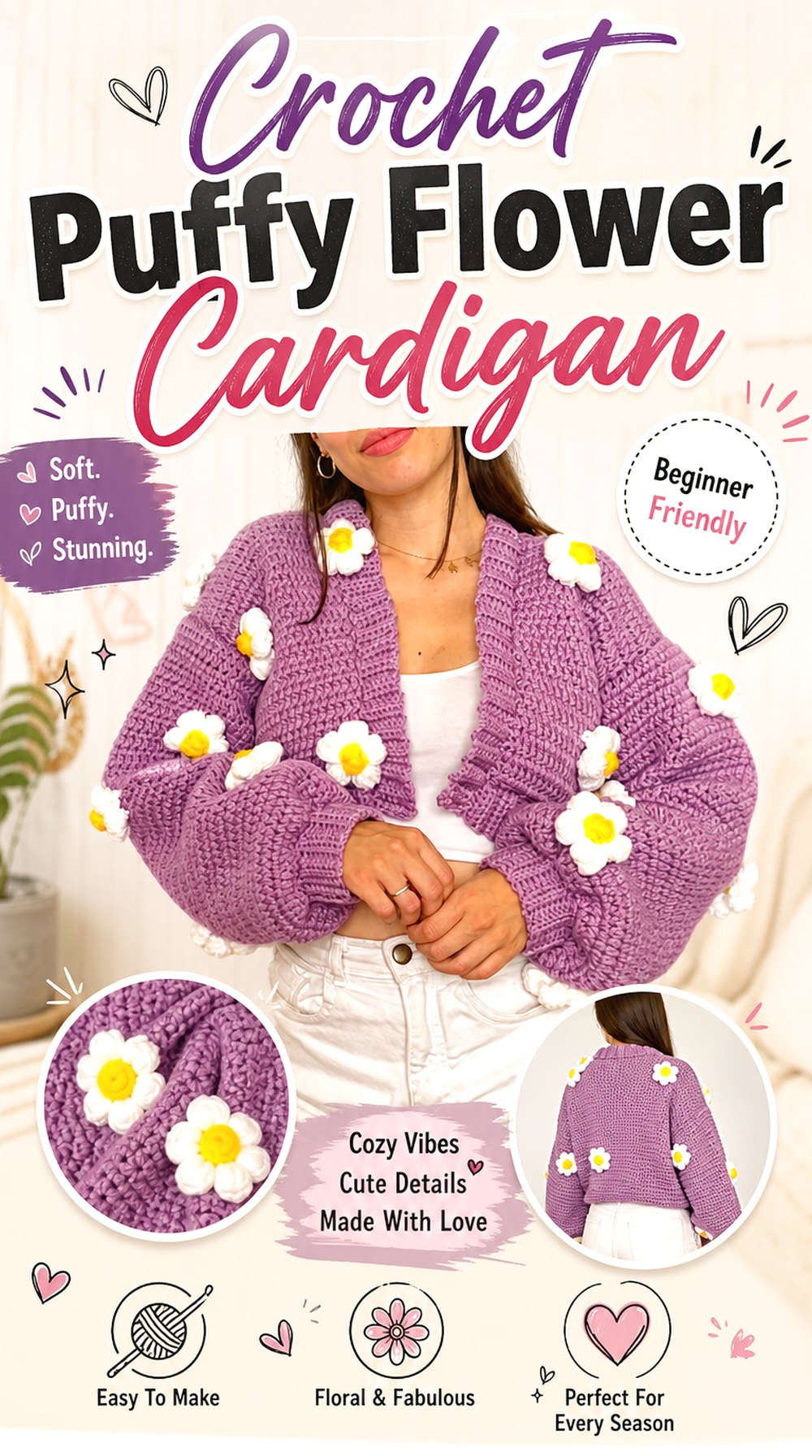 Crochet Puffy Flower Cardigan