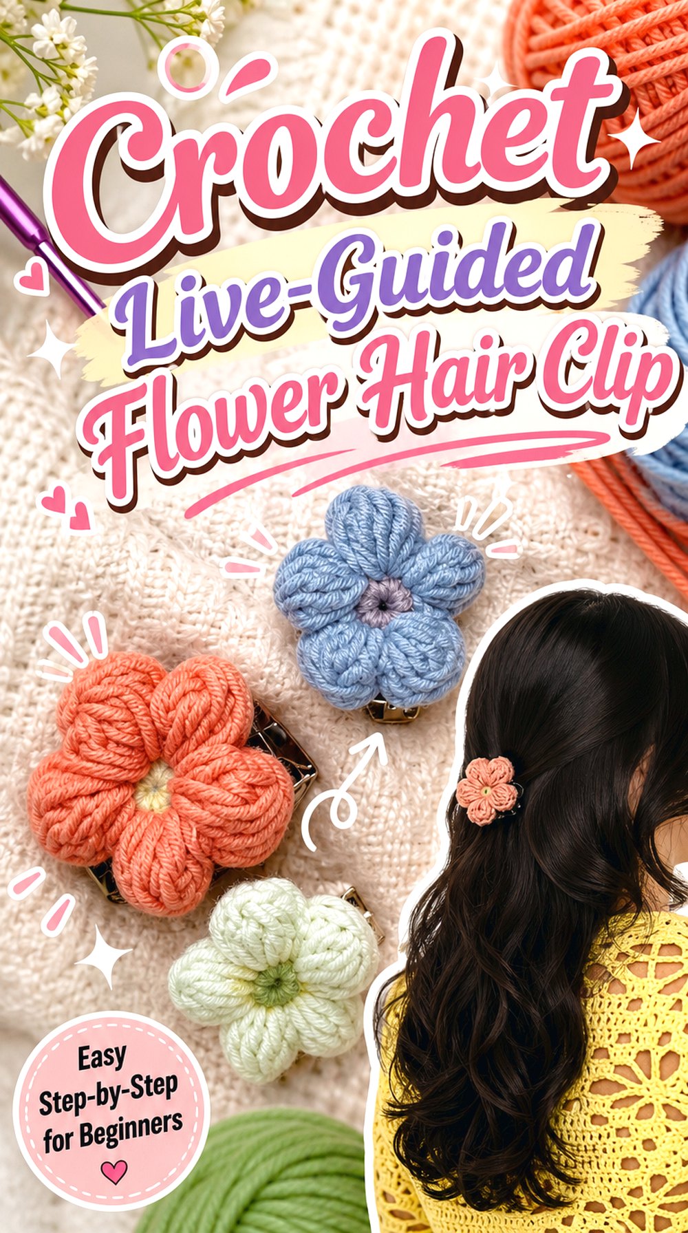 Crochet Puffy Flower Claw Clip