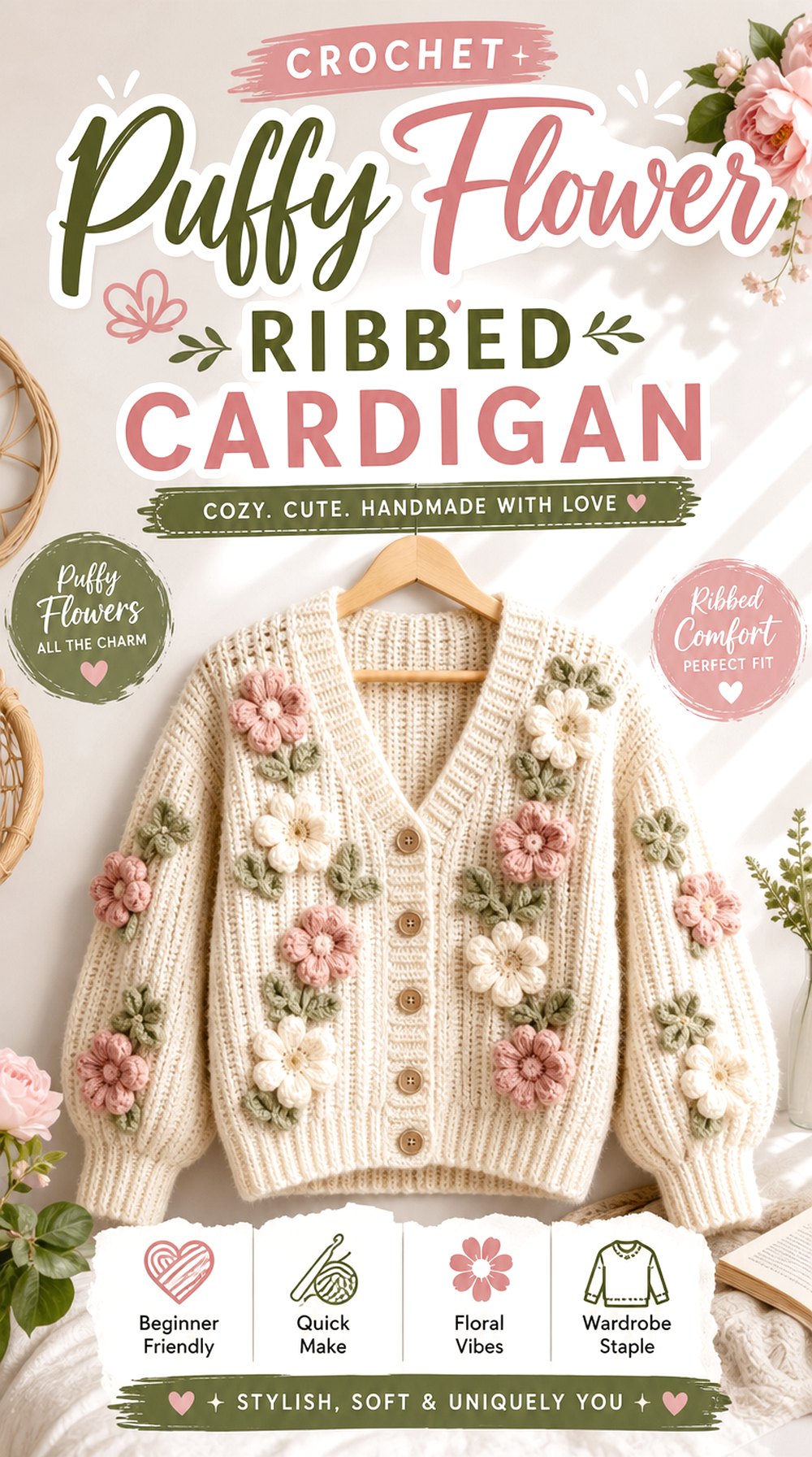 Crochet Puffy Flower Ribbed Cardigan