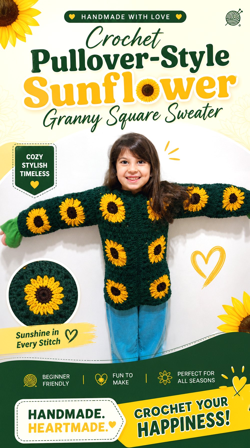 Crochet Pullover Style Sunflower Granny Square Sweater