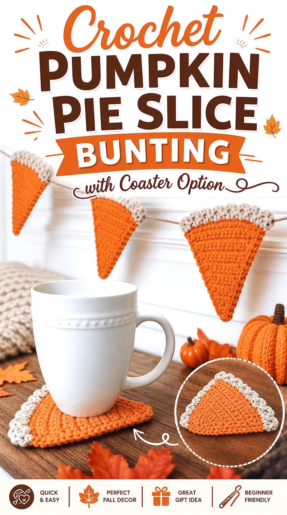 Crochet Pumpkin Pie Slice Bunting with Coaster Option
