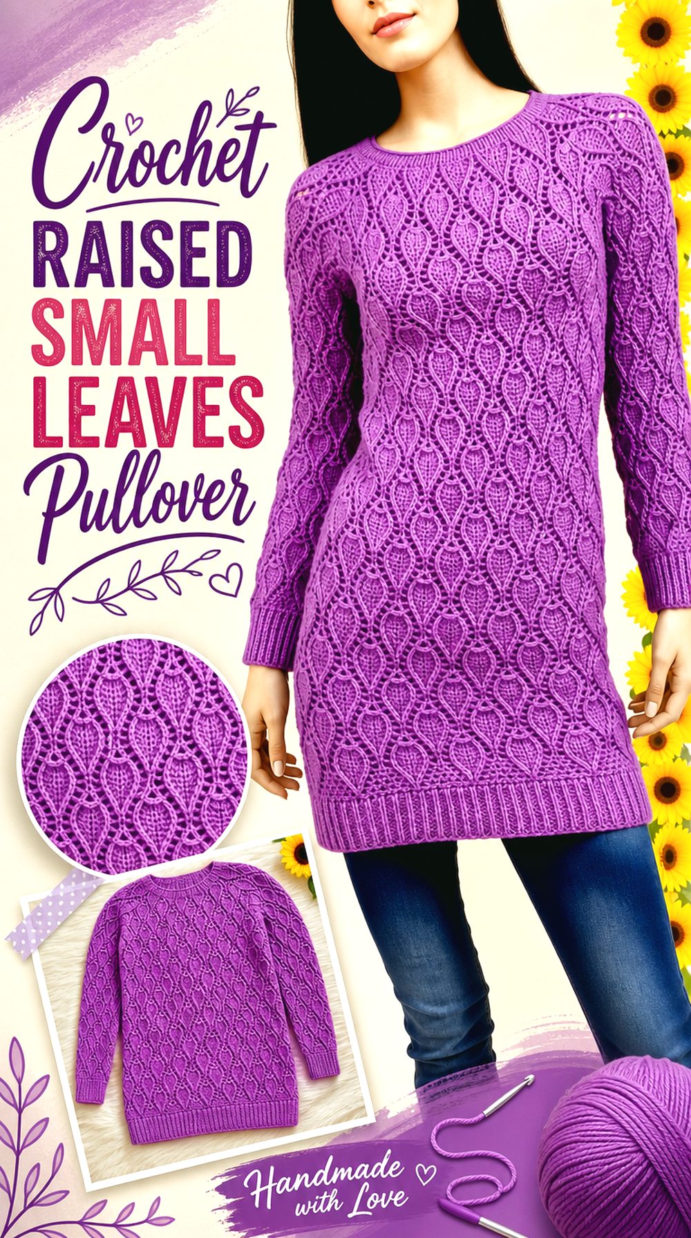Crochet Raised Small Leaves Pullover