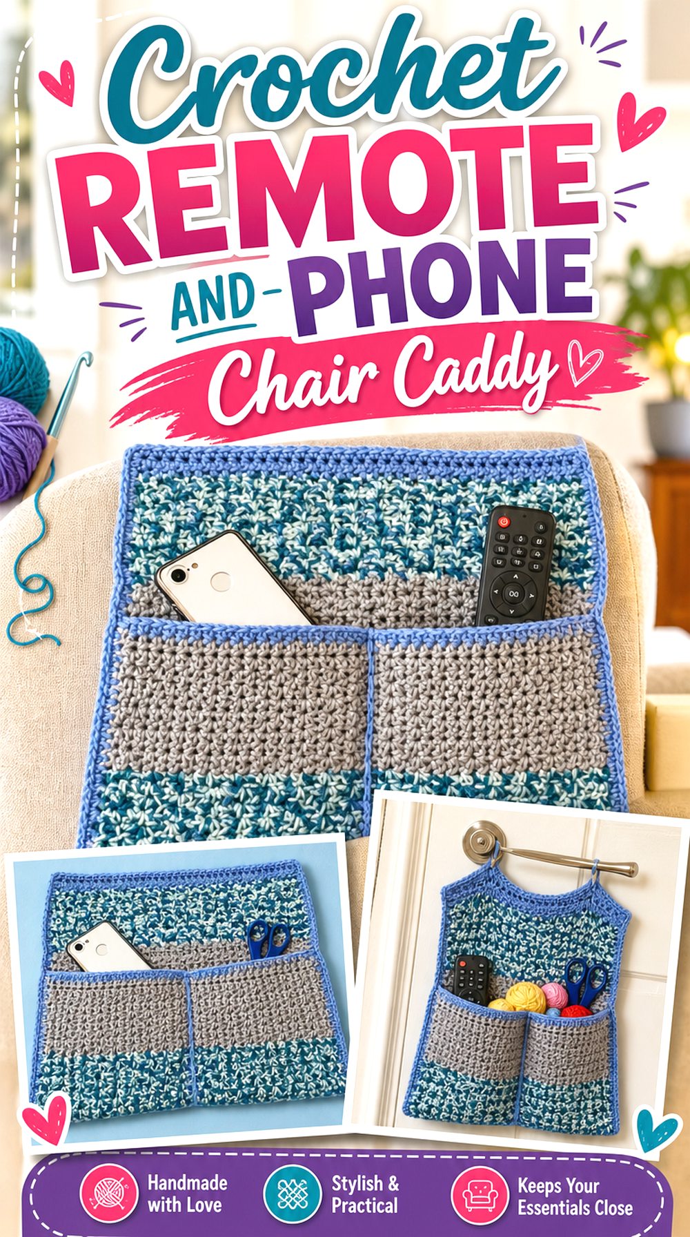 Crochet Remote and Phone Chair Caddy