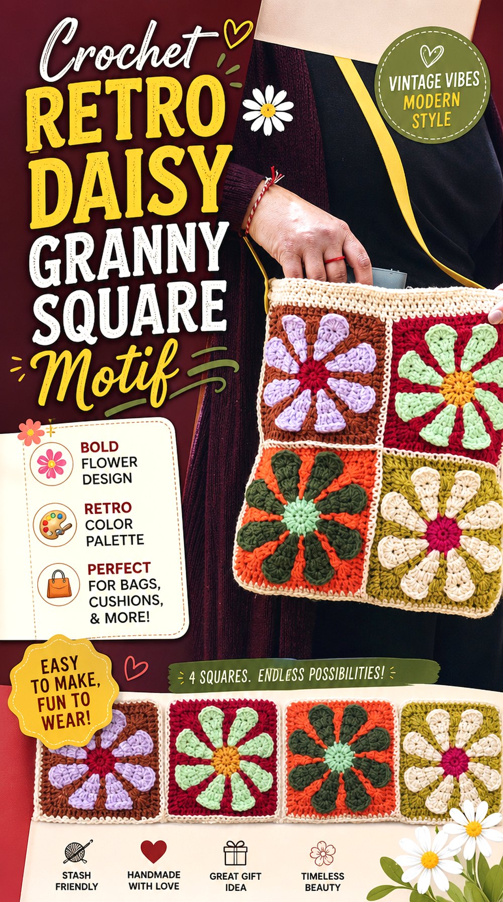 Crochet Retro Daisy Granny Square Motif