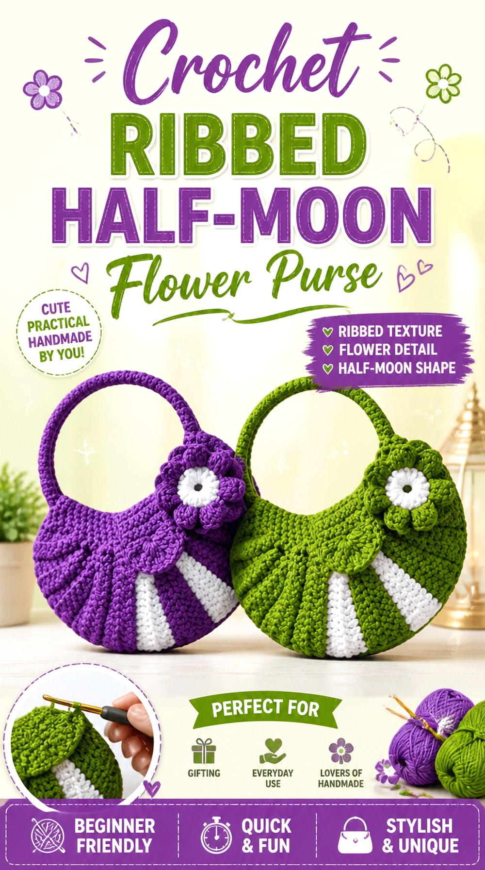 Crochet Ribbed Half Moon Flower Purse