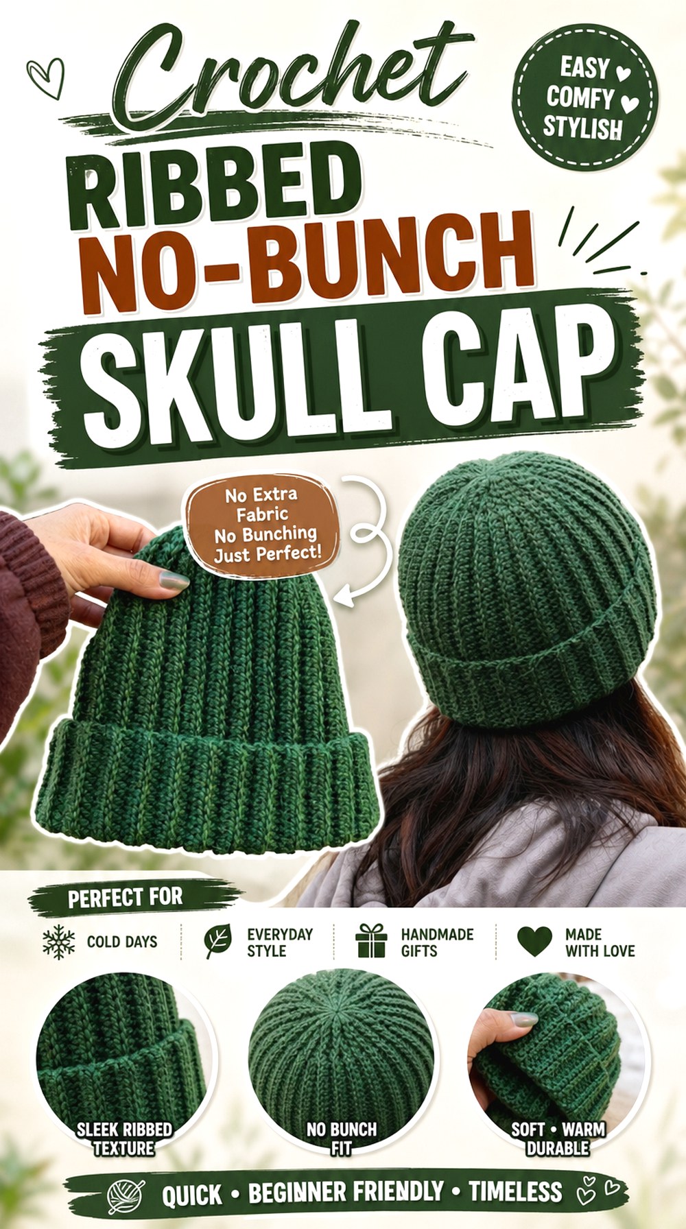 Crochet Ribbed No Bunch Skull Cap