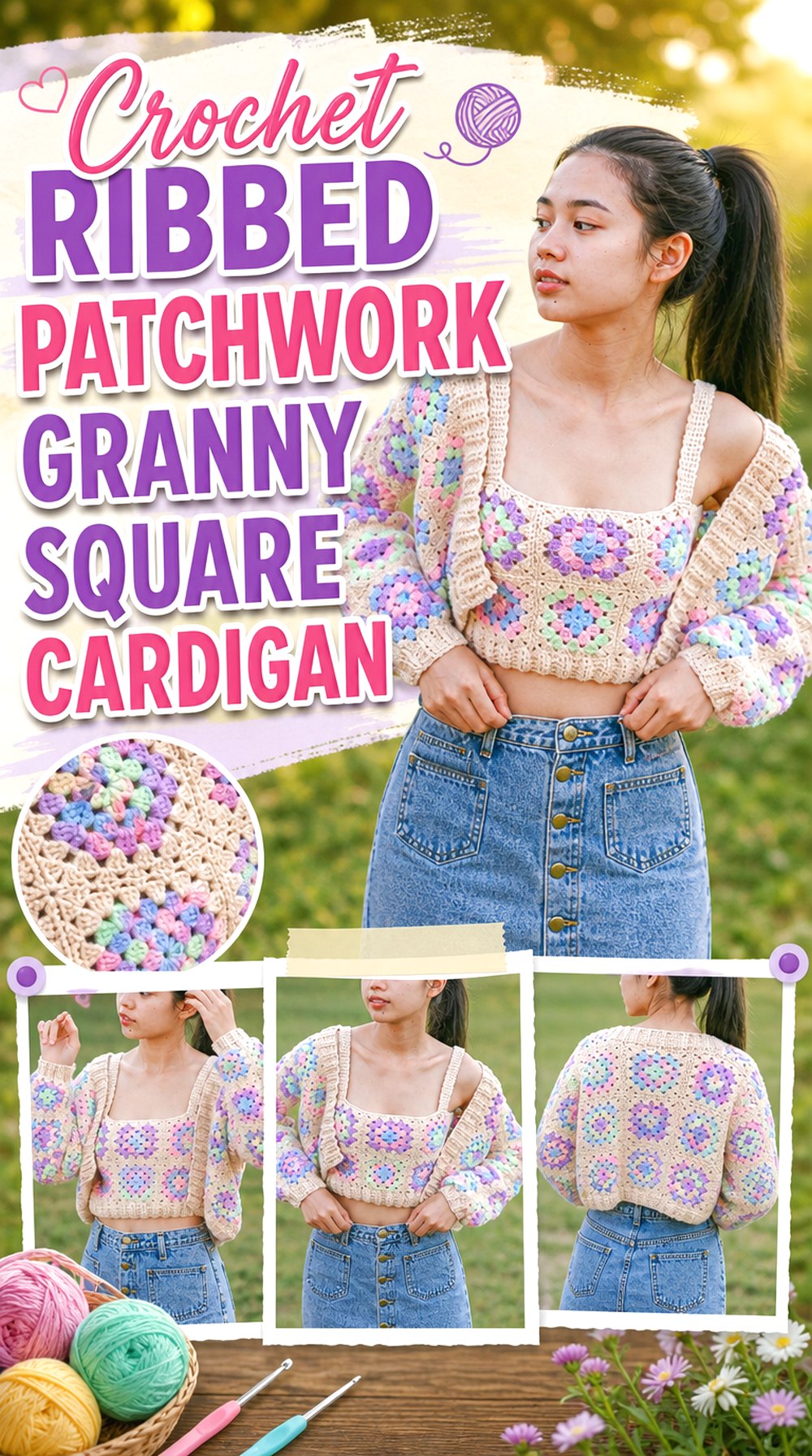 Crochet Ribbed Patchwork Granny Square Cardigan