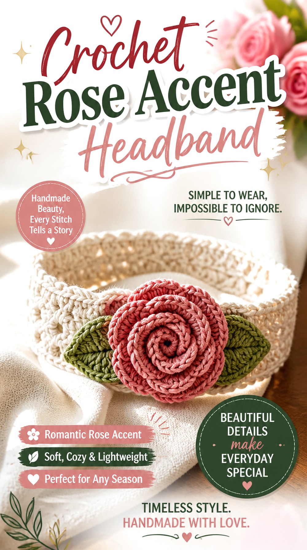 Crochet Rose Accent Headband