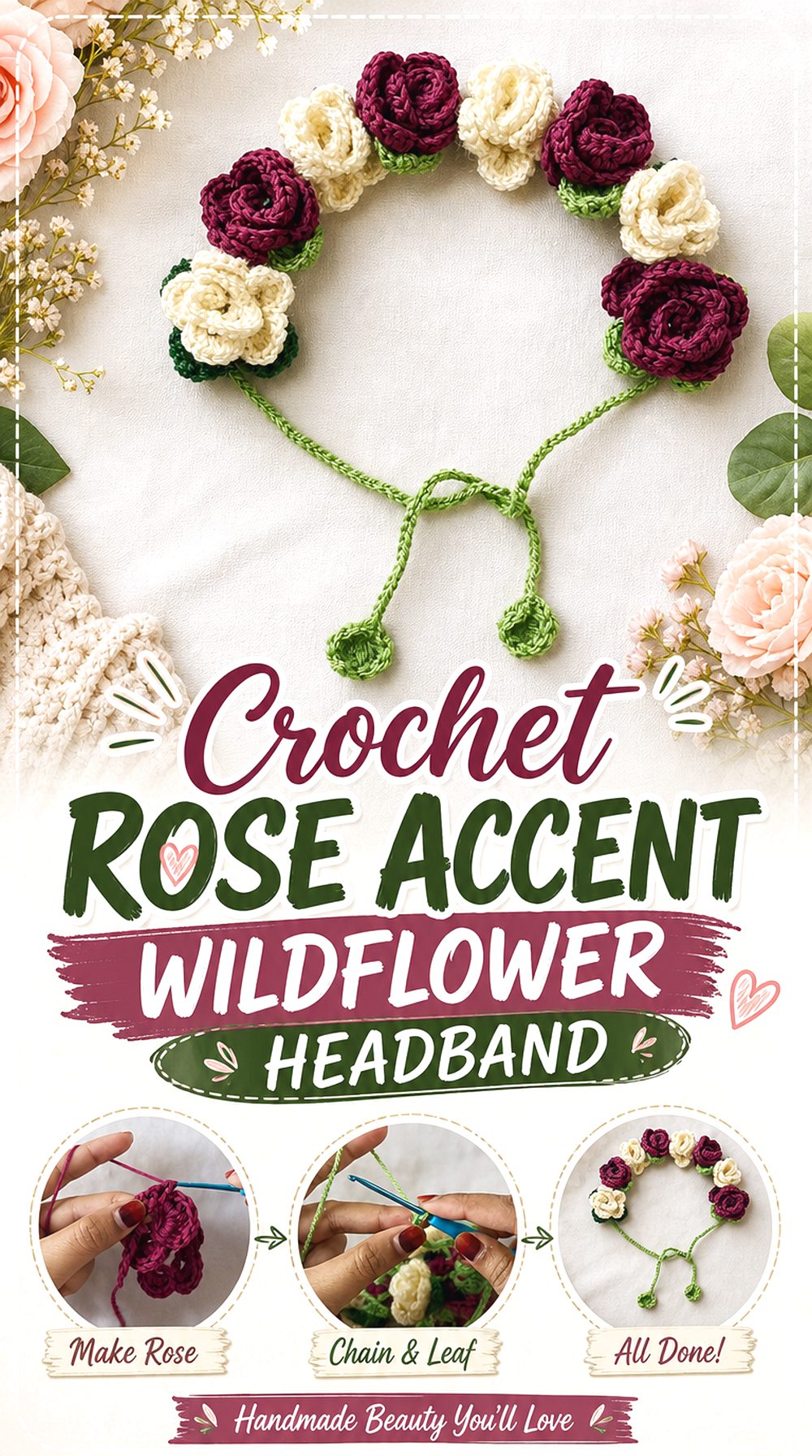 Crochet Rose Accent Wildflower Headband