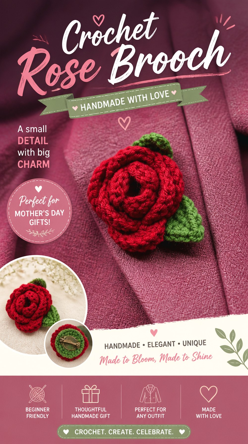 Crochet Rose Brooch