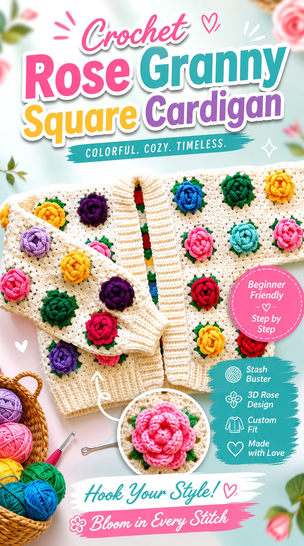 Crochet Rose Granny Square Cardigan