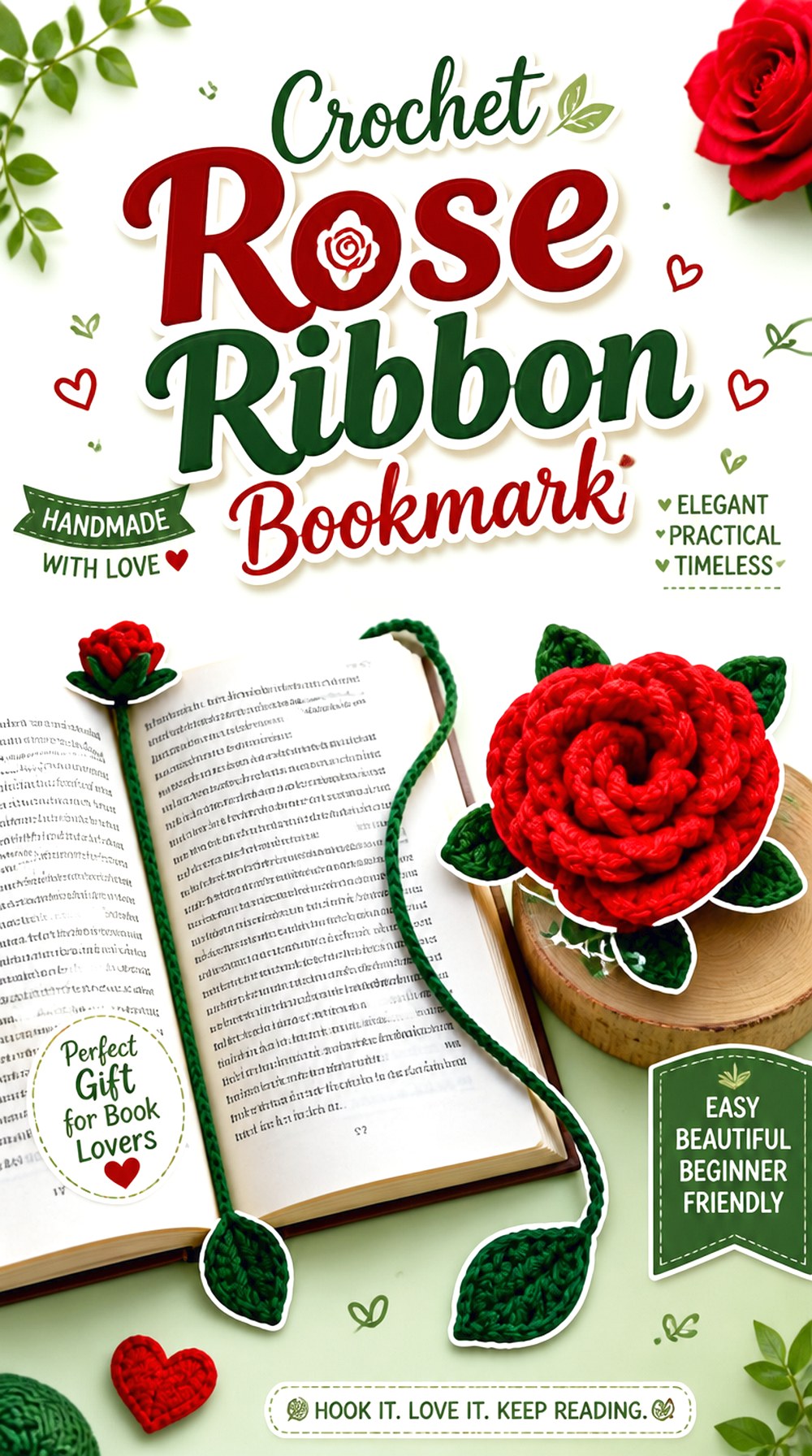 Crochet Rose Ribbon Bookmark