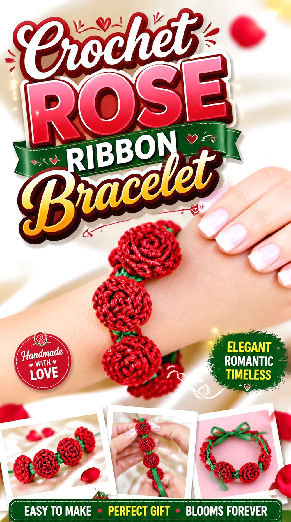 Crochet Rose Ribbon Bracelet