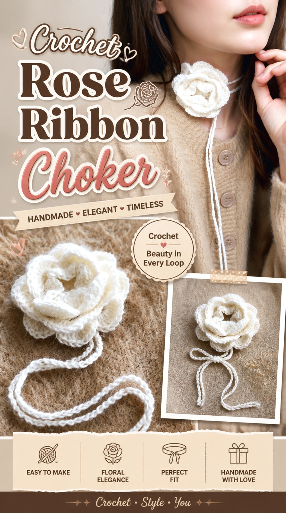 Crochet Rose Ribbon Choker