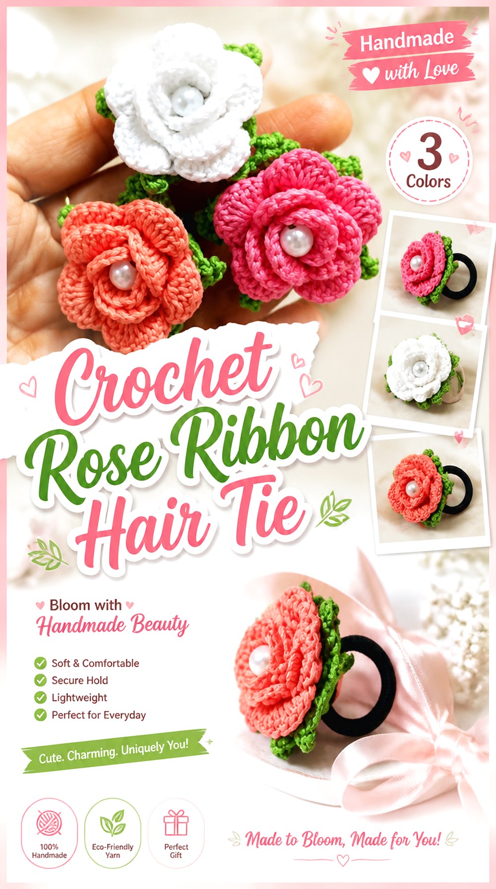 Crochet Rose Ribbon Hair Tie