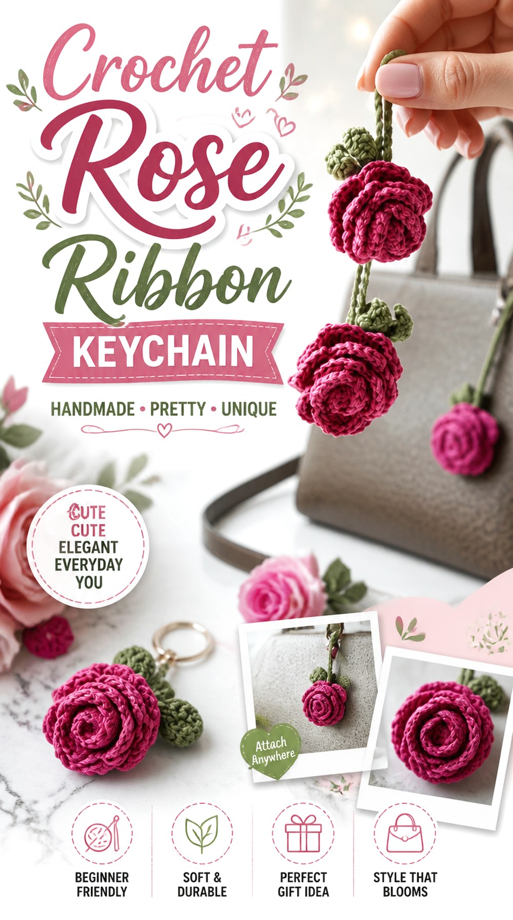 Crochet Rose Ribbon Keychain