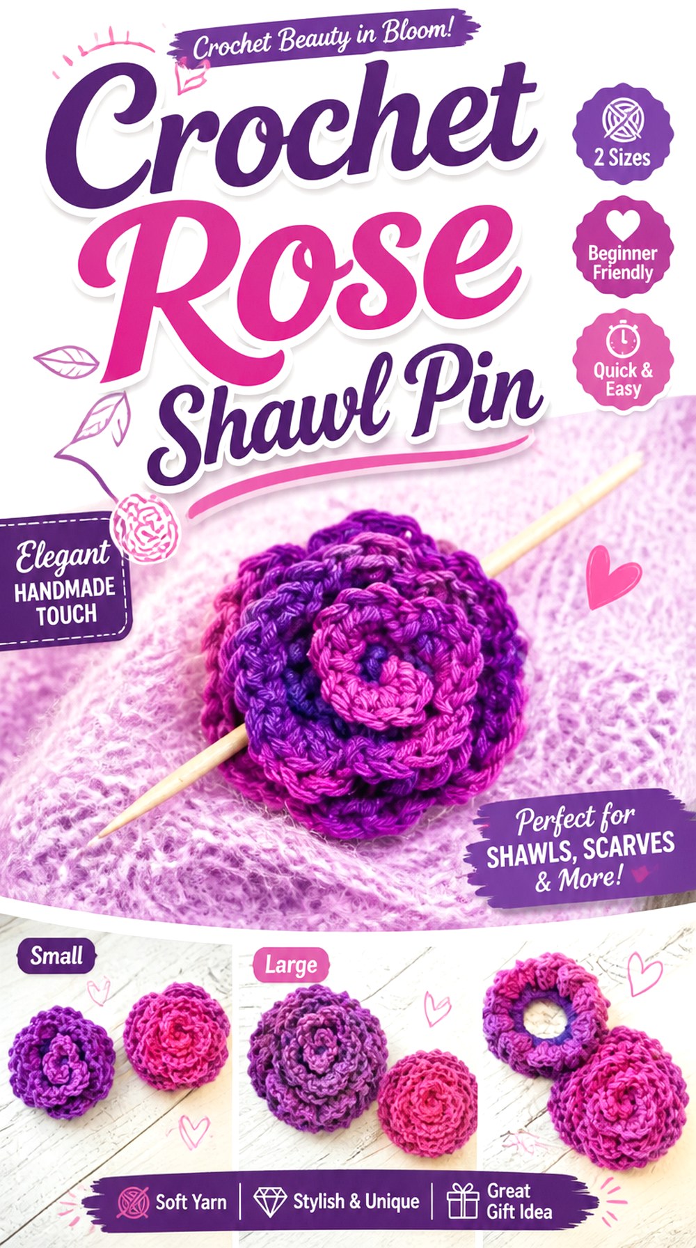 Crochet Rose Shawl Pin