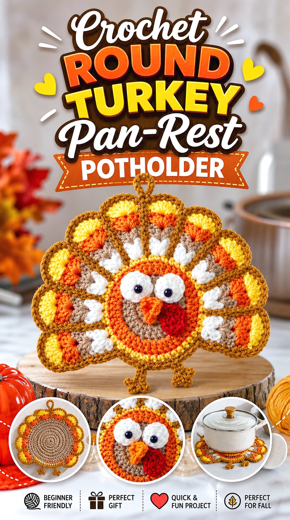 Crochet Round Turkey Pan Rest Potholder