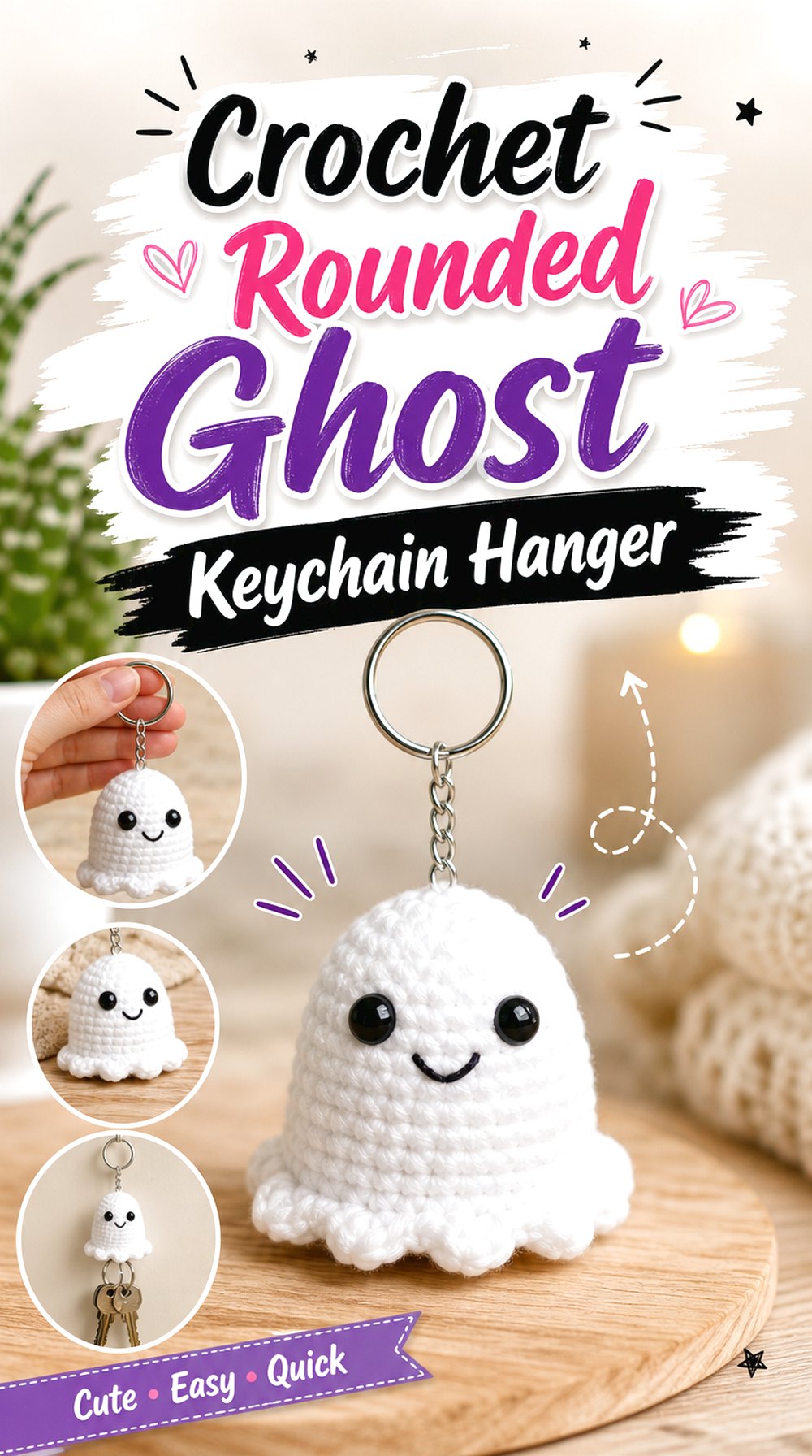 Crochet Rounded Ghost Keychain Hanger