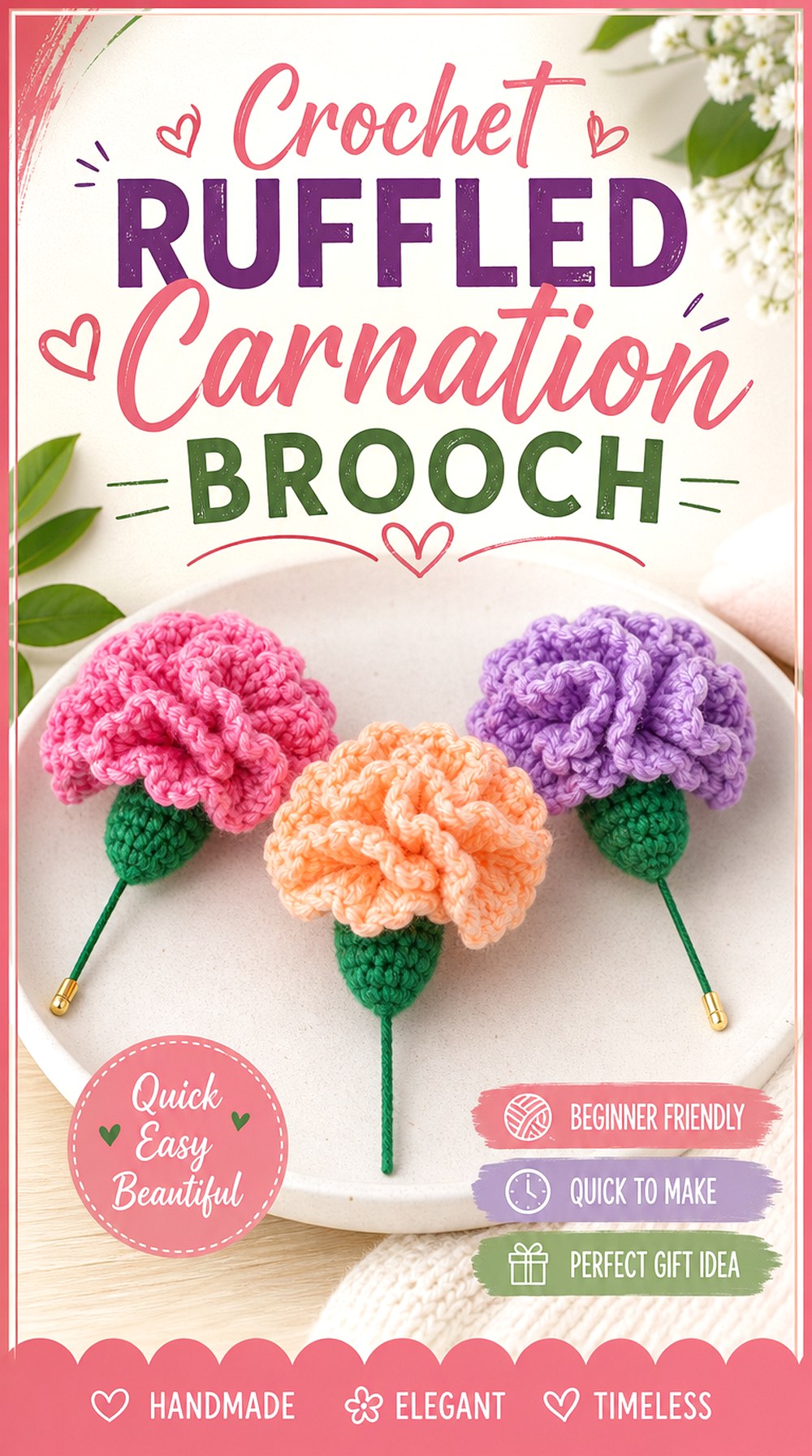 Crochet Ruffled Carnation Brooch