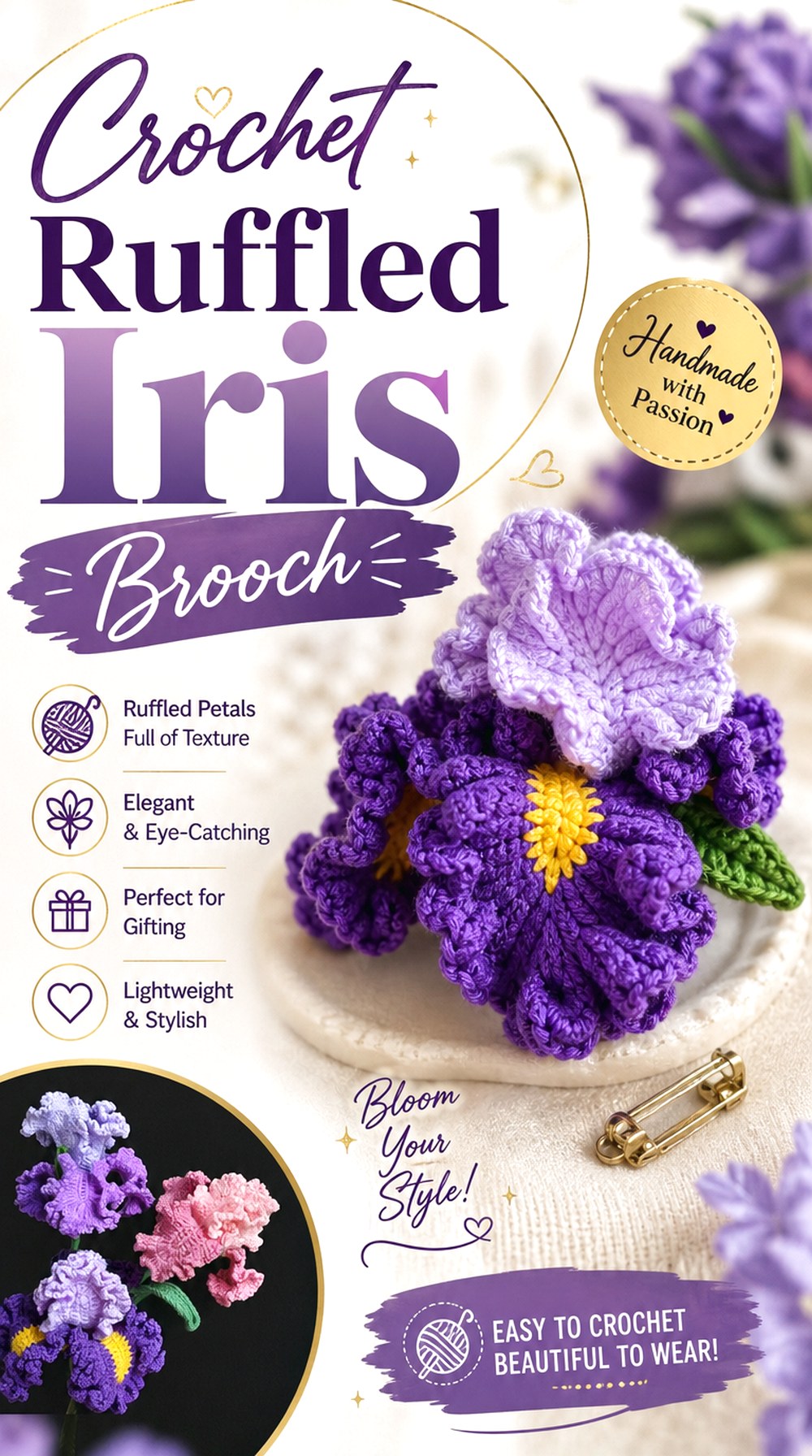 Crochet Ruffled Iris Brooch