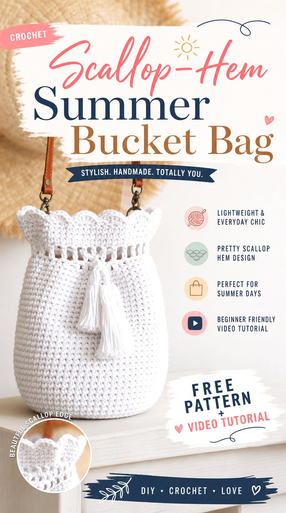 Crochet Scallop Hem Summer Bucket Bag