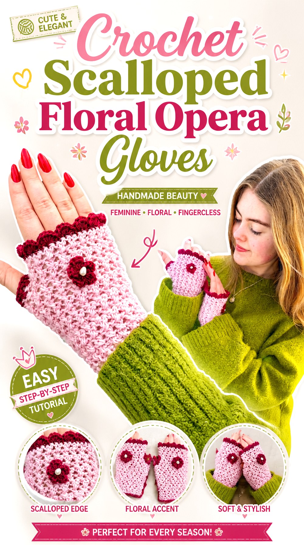 Crochet Scalloped Floral Opera Gloves