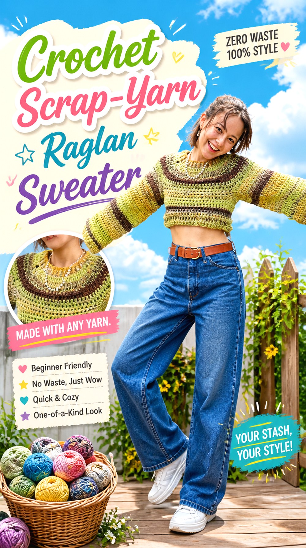 Crochet Scrap Yarn Raglan Sweater
