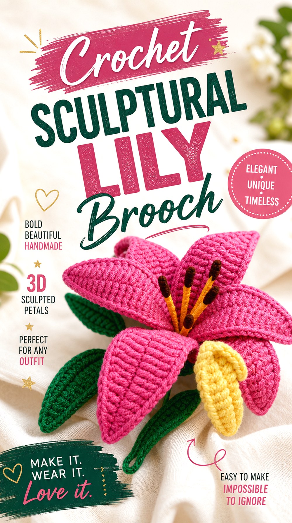Crochet Sculptural Lily Brooch