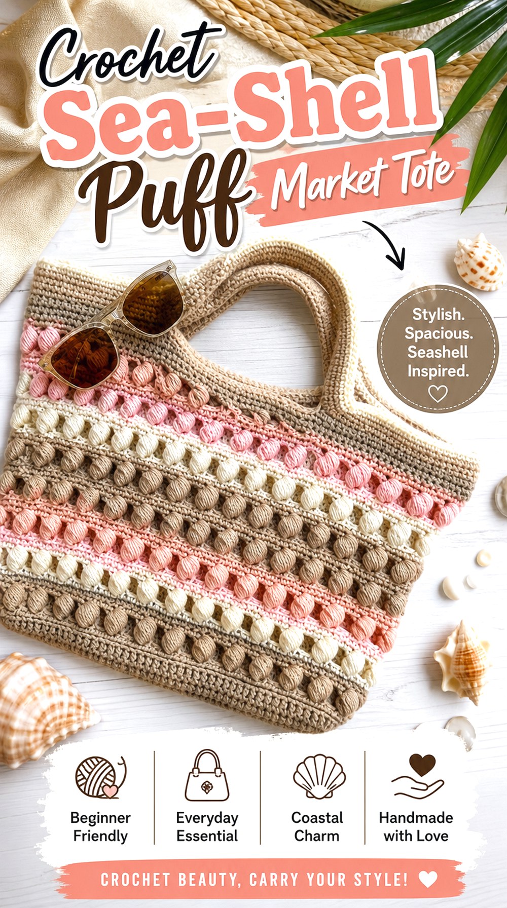 Crochet Sea Shell Puff Market Tote