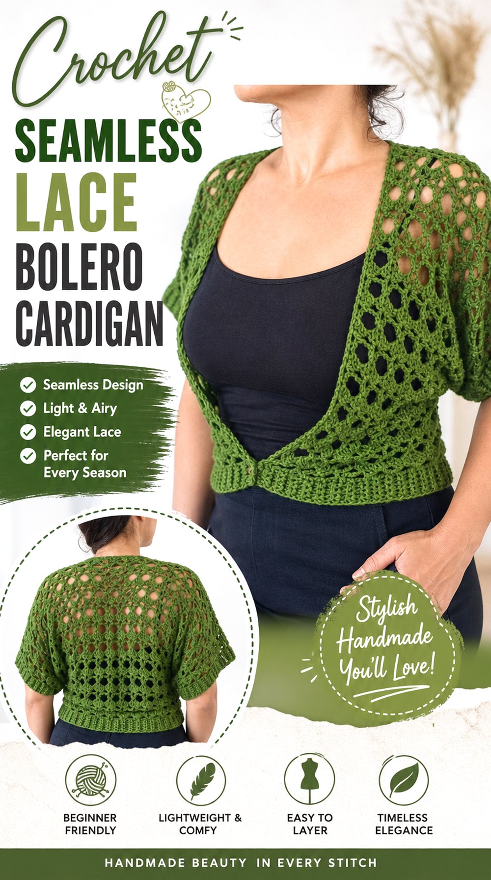 Crochet Seamless Lace Bolero Cardigan