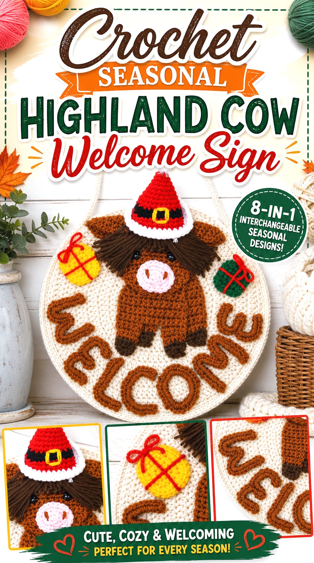 Crochet Seasonal Highland Cow Welcome Sign