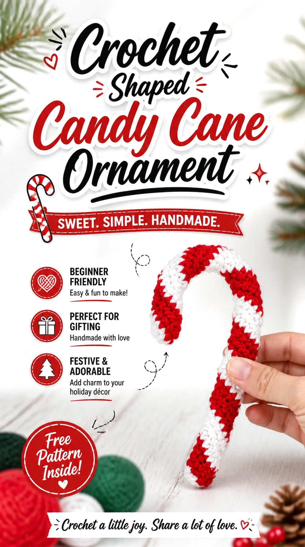 Crochet Shaped Candy Cane Ornament