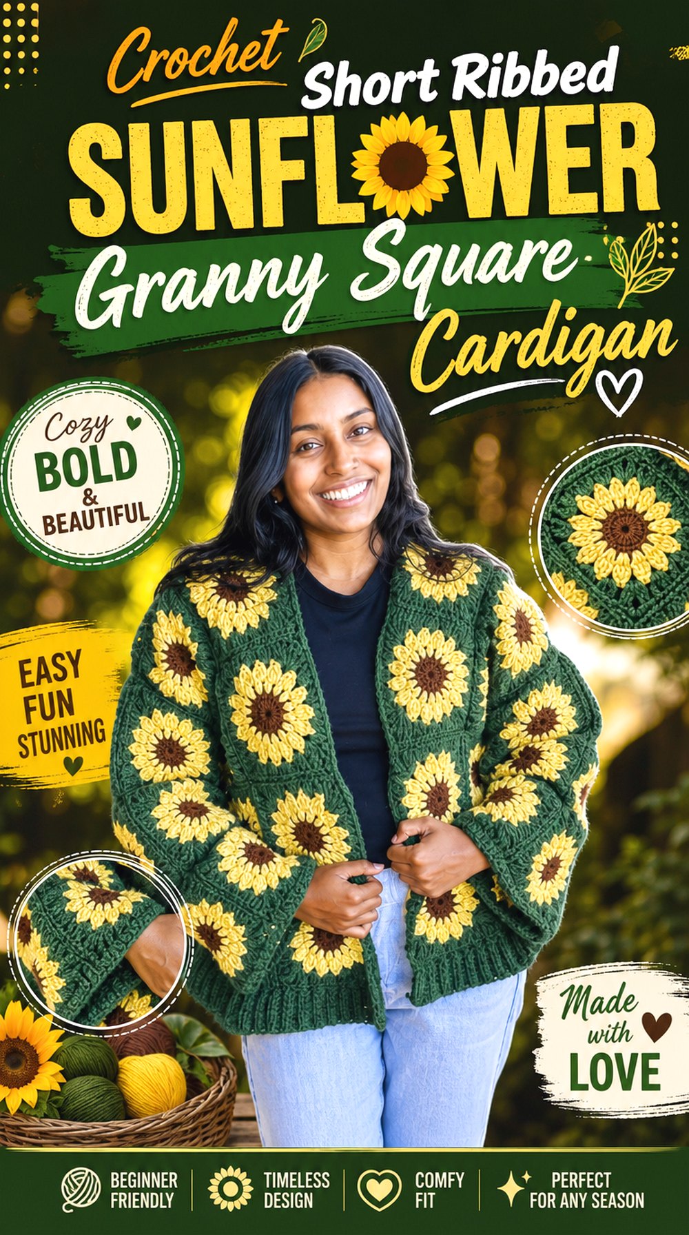 Crochet Short Ribbed Sunflower Granny Square Cardigan