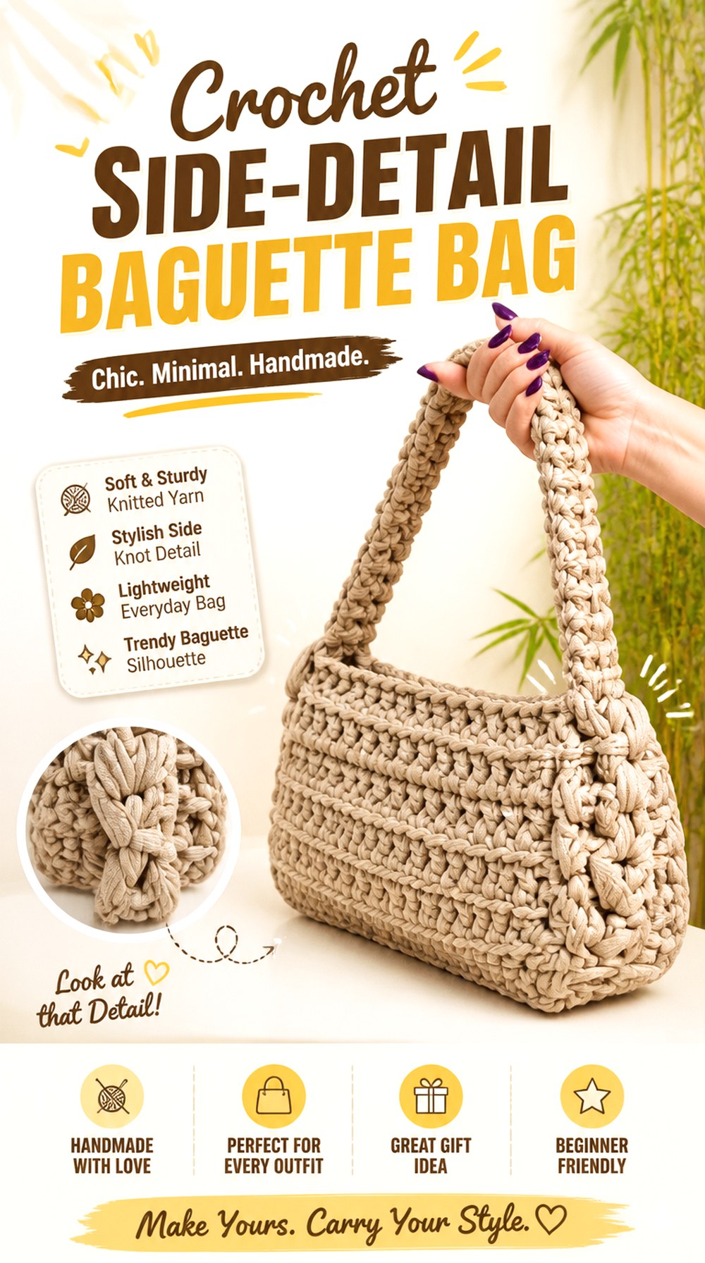 Crochet Side Detail Baguette Bag