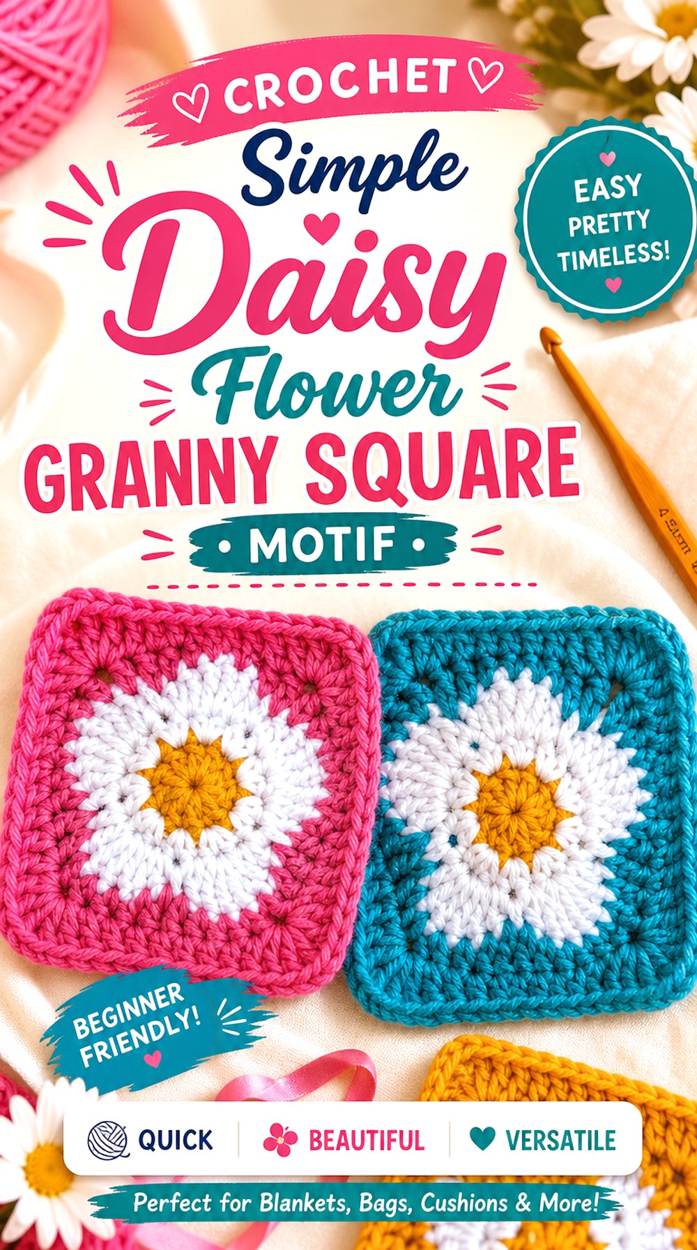 Crochet Simple Daisy Flower Granny Square Motif